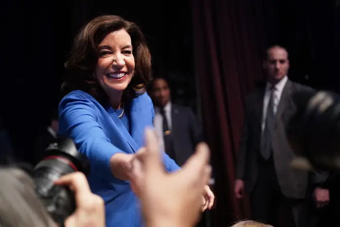 New York Governor Kathy Hochul greets supporters during the New York State Democratic Convention in Manhattan.